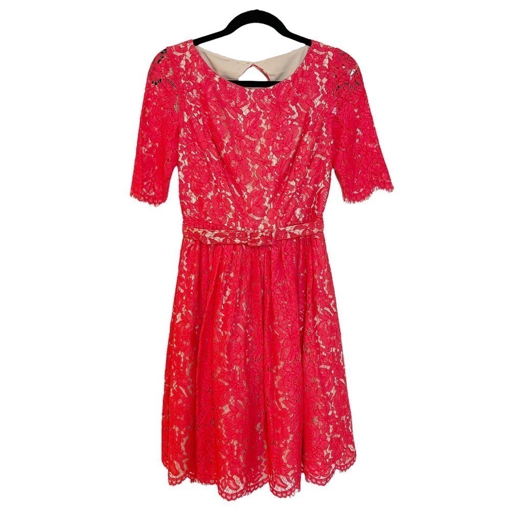 Eliza J Belted Lace Fit and Flare Dress Short Sleeves Red Women's Size 2 - Picture 13 of 15